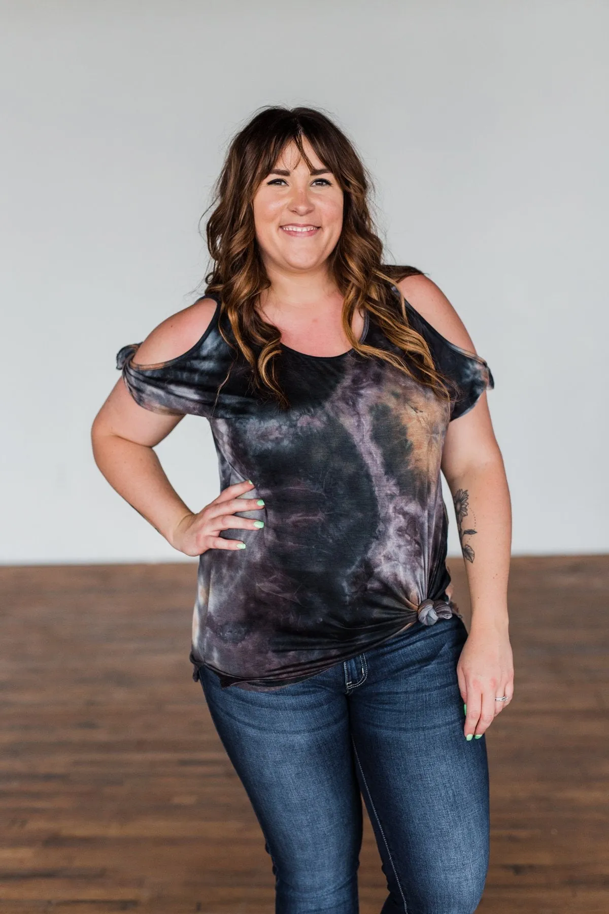 Cold Shoulder Tie Dye Top Navy & Brown - Shop Now