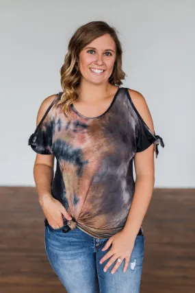 Cold Shoulder Tie Dye Top Navy & Brown - Shop Now