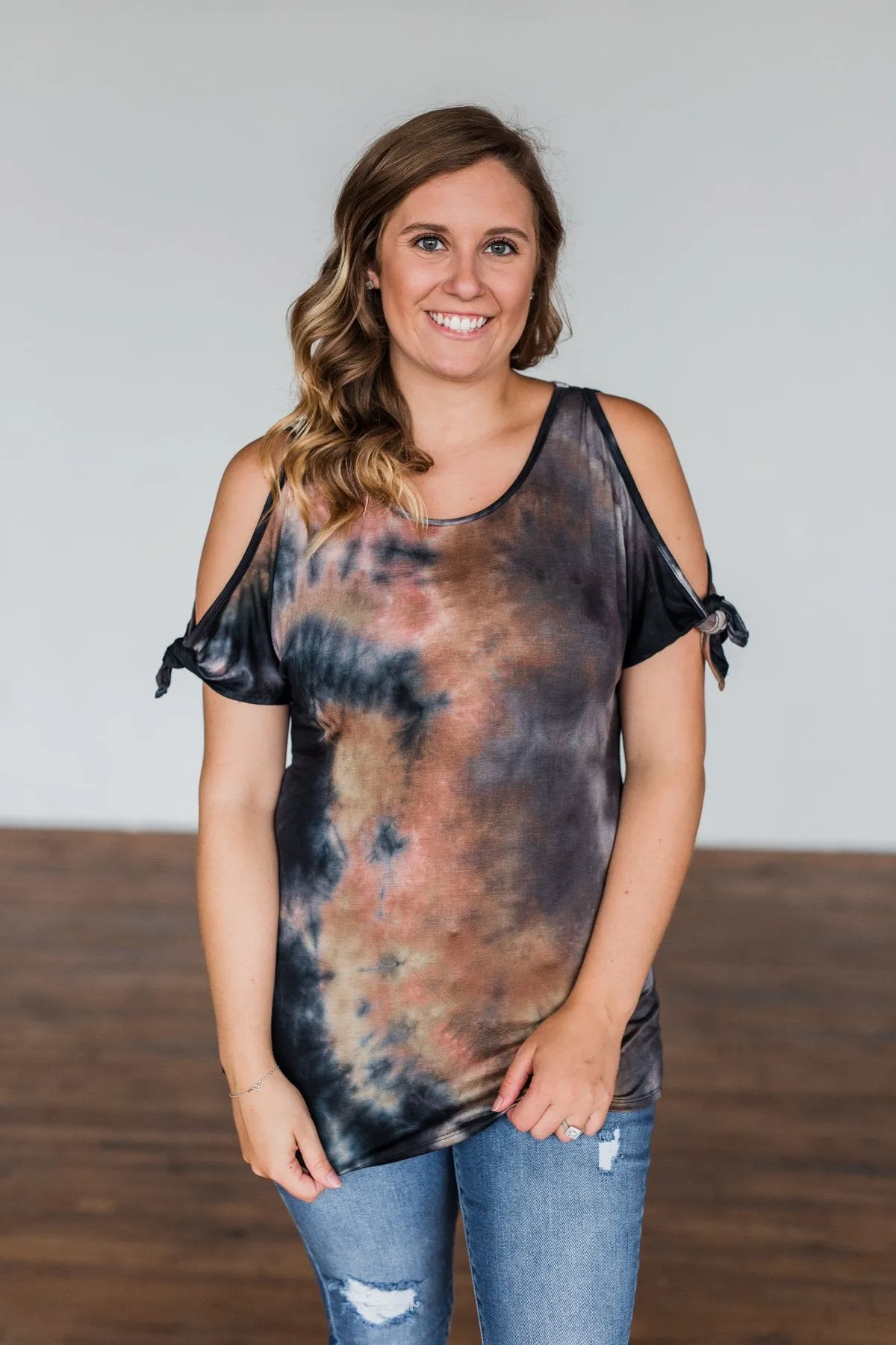 Cold Shoulder Tie Dye Top Navy & Brown - Shop Now