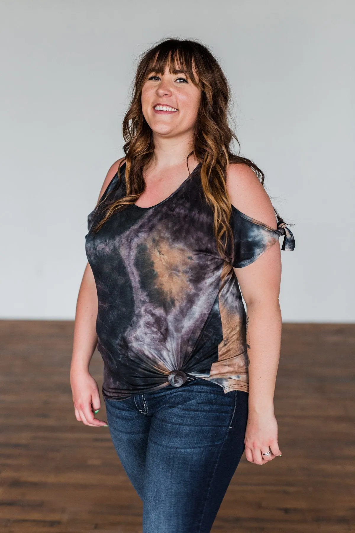 Cold Shoulder Tie Dye Top Navy & Brown - Shop Now