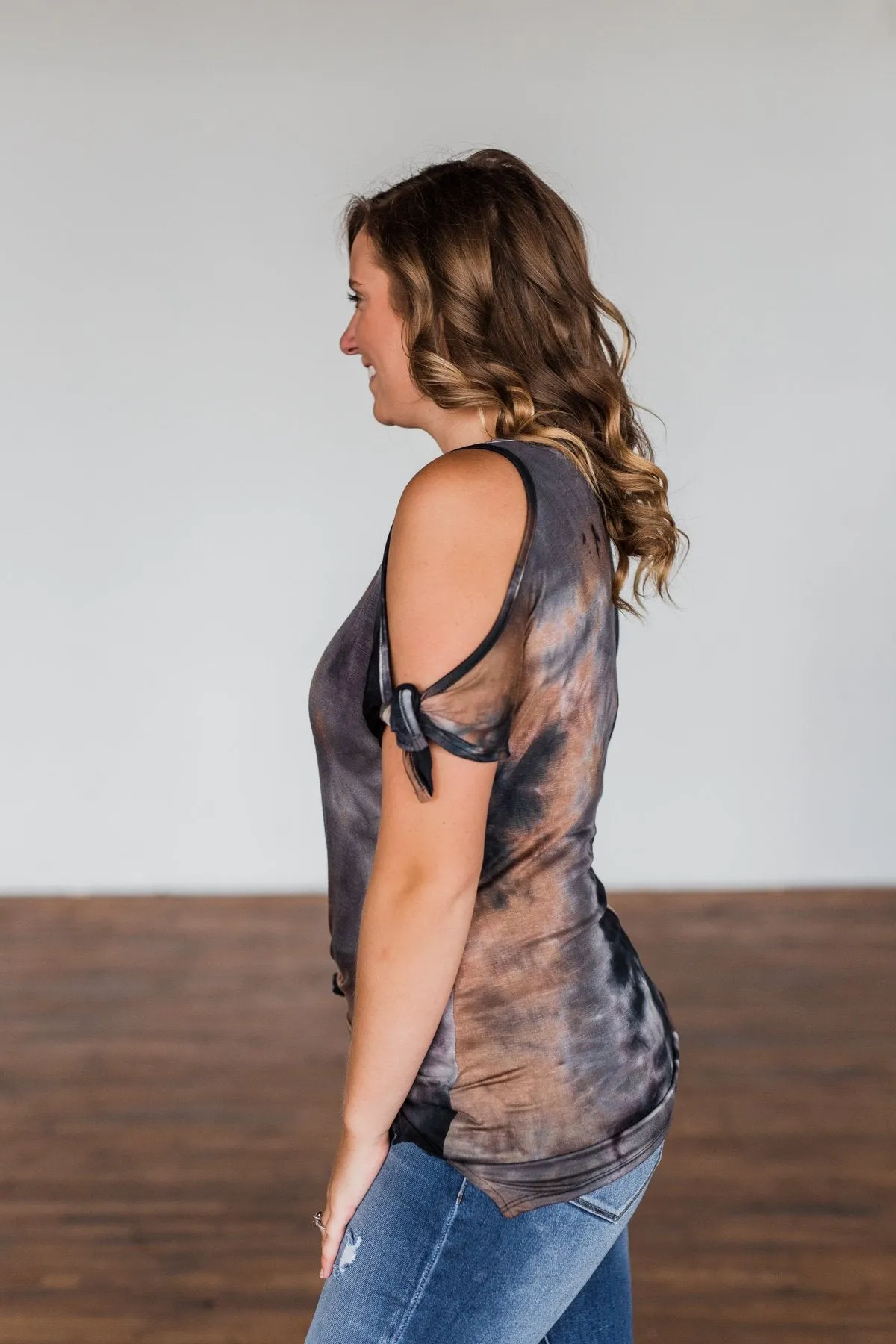 Cold Shoulder Tie Dye Top Navy & Brown - Shop Now