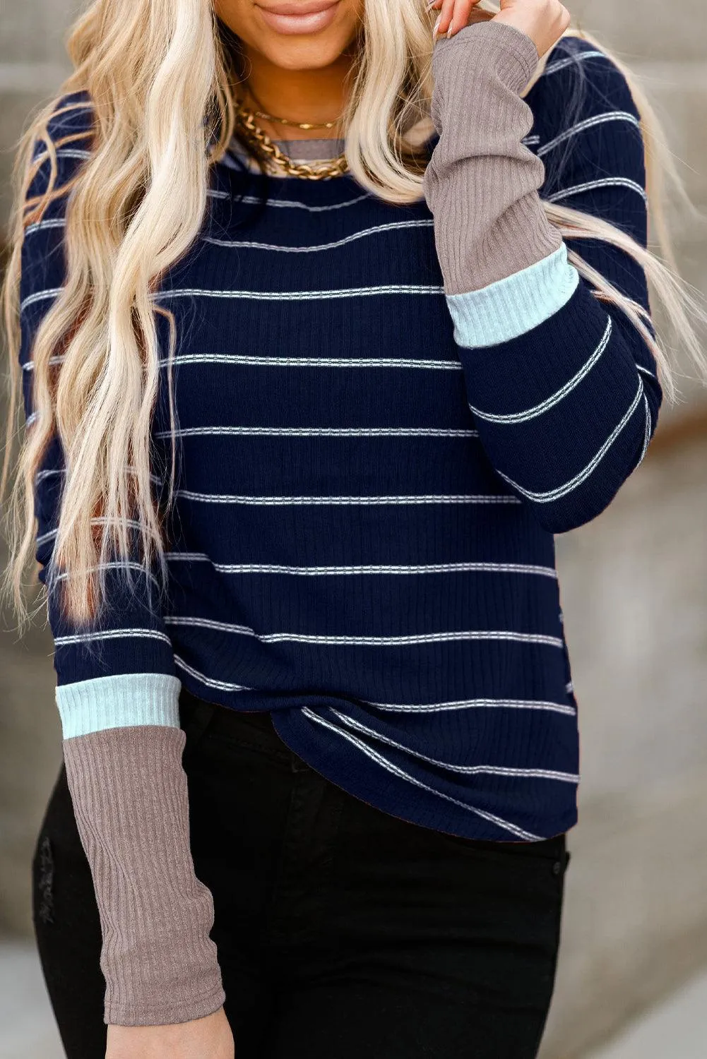 Color Block Striped Navy Rib Knit Pullover - Cuffs