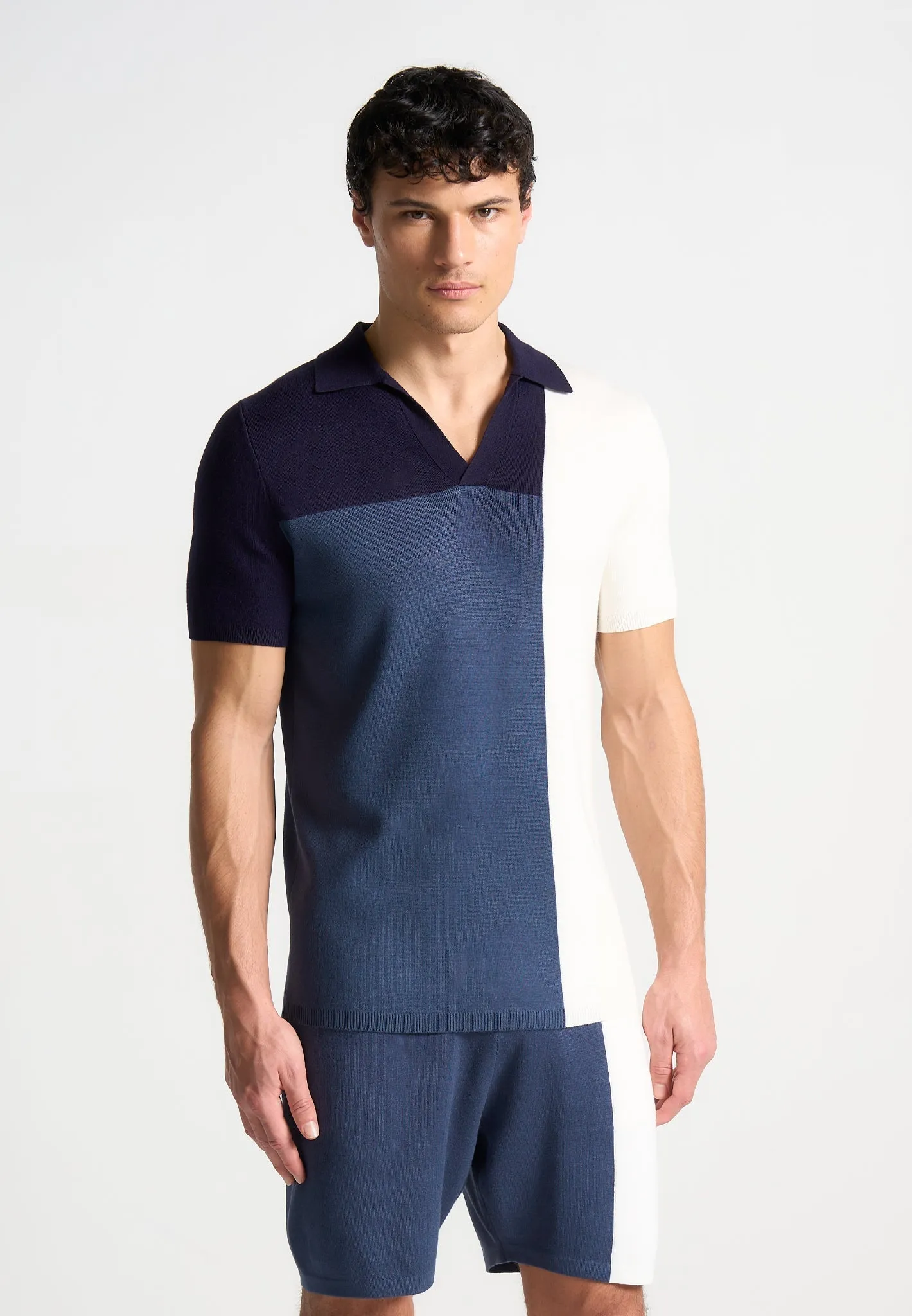 Colour Block Knit Revere Polo Top - Navy/Steel Blue