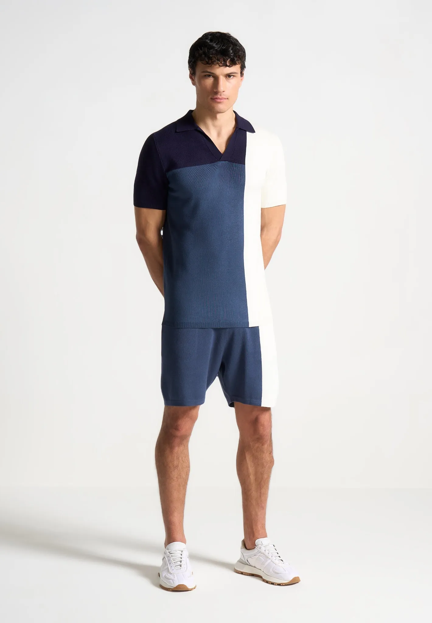 Colour Block Knit Revere Polo Top - Navy/Steel Blue