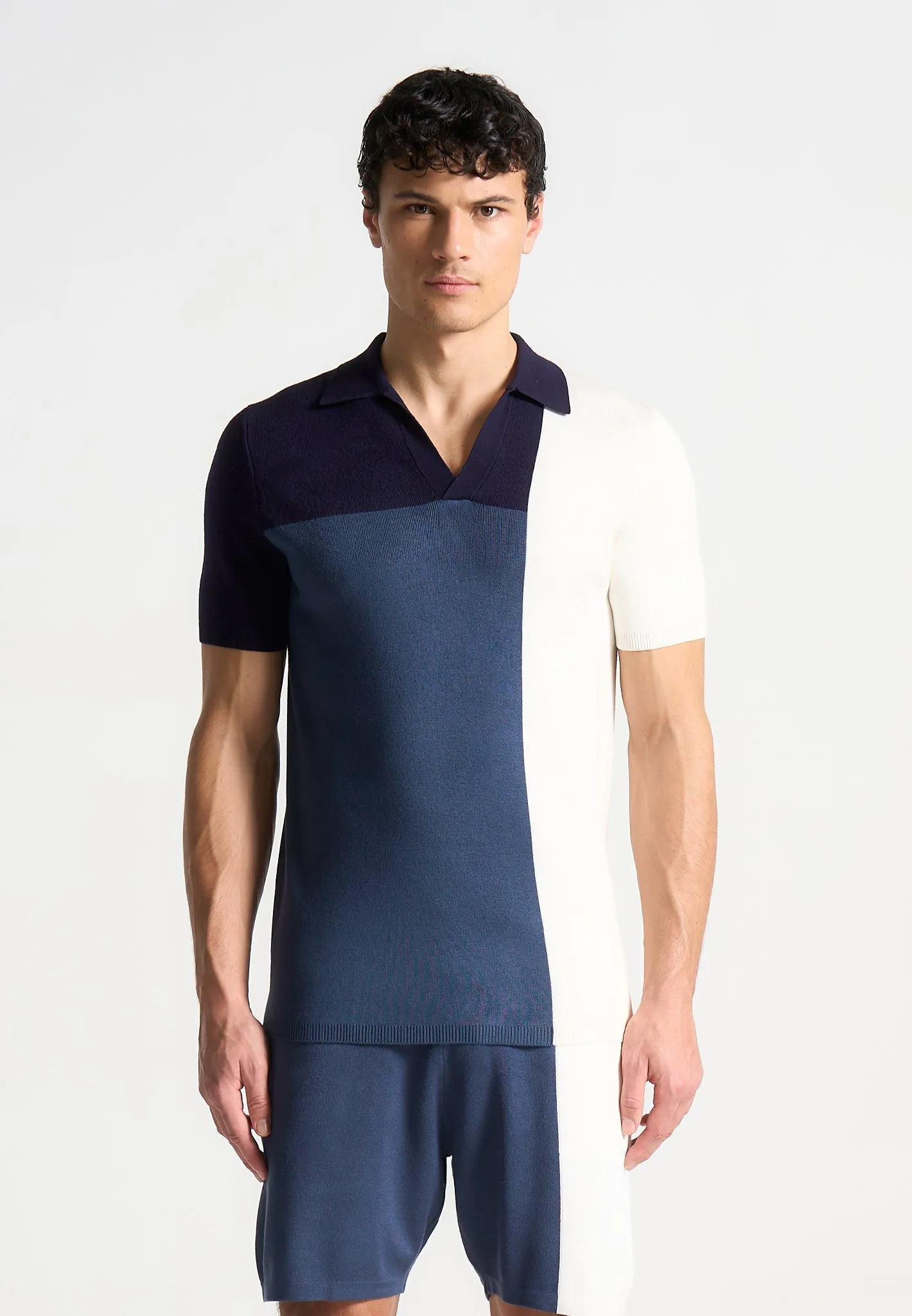 Colour Block Knit Revere Polo Top - Navy/Steel Blue