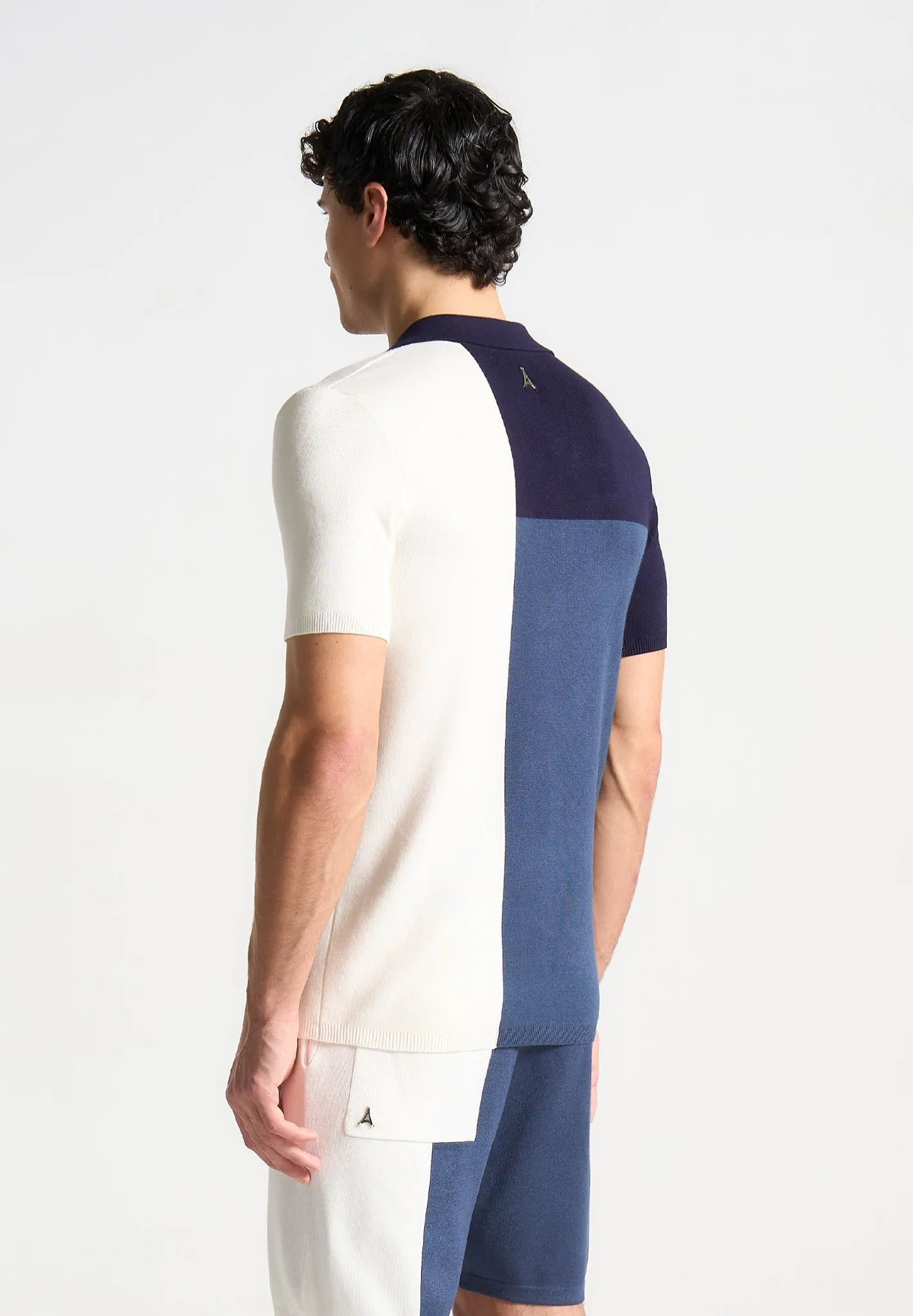 Colour Block Knit Revere Polo Top - Navy/Steel Blue