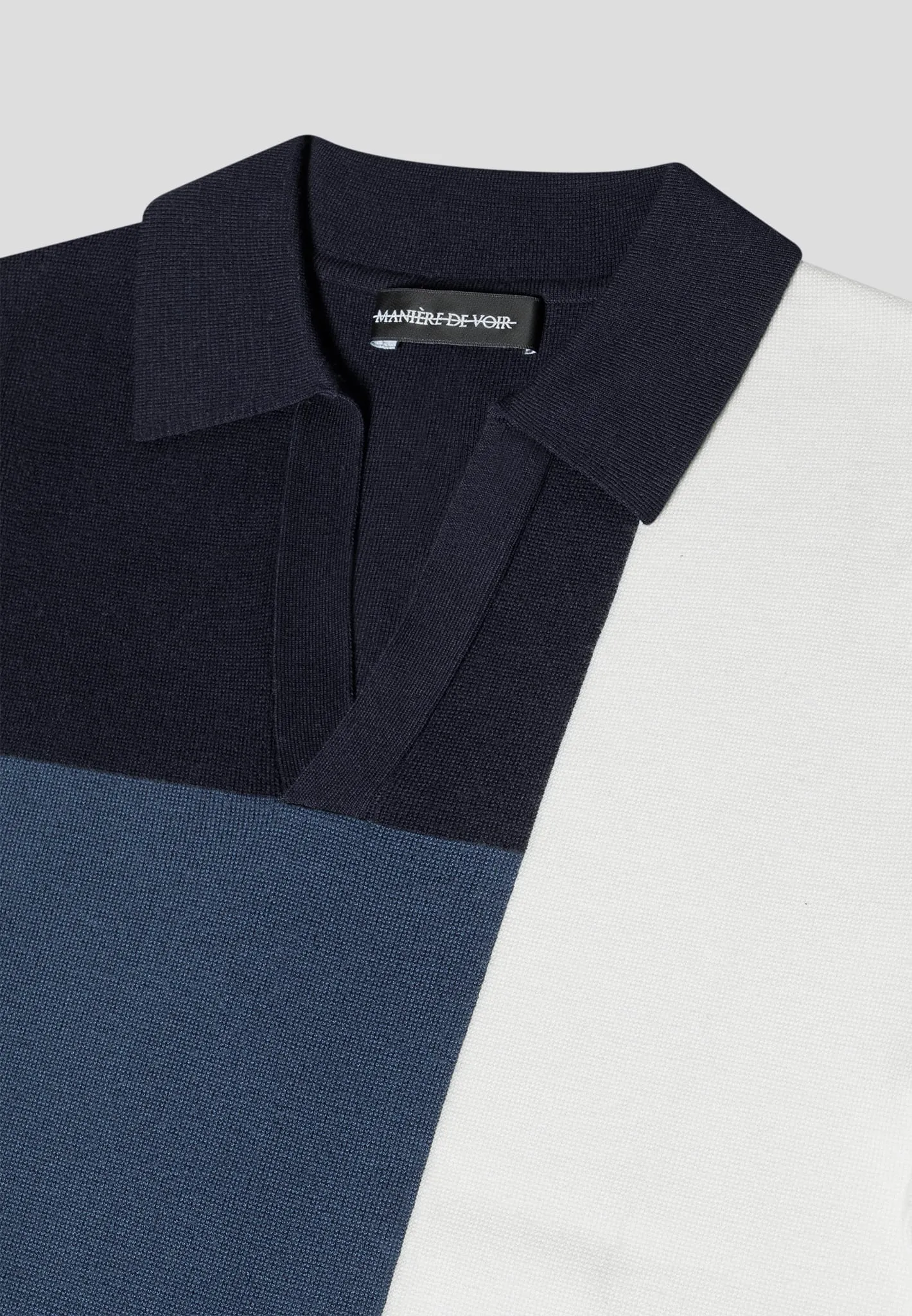 Colour Block Knit Revere Polo Top - Navy/Steel Blue