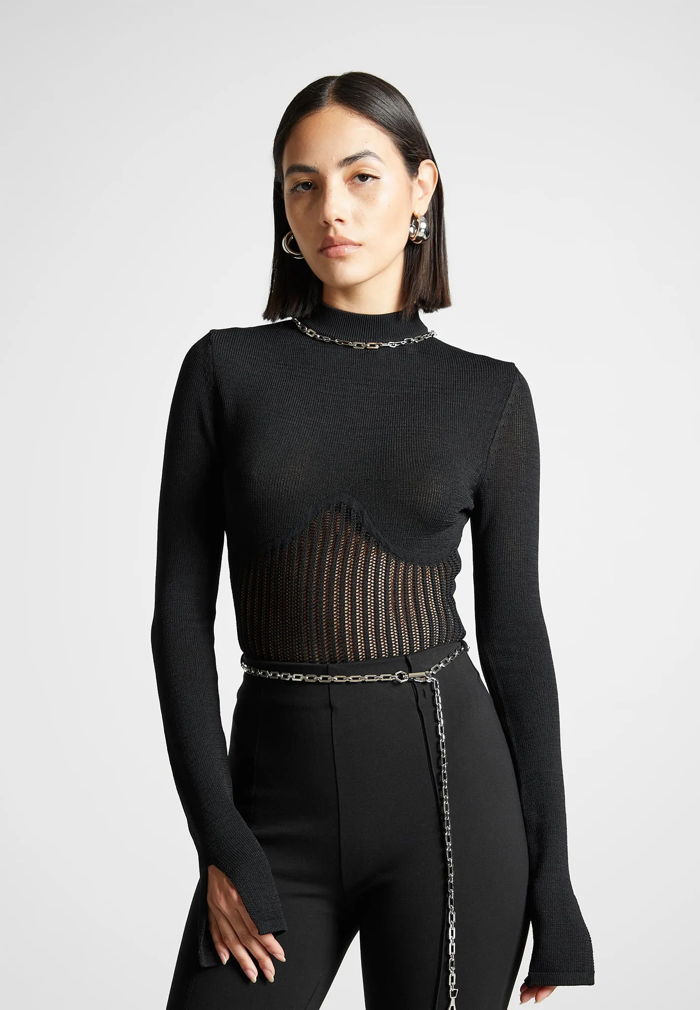 Contour Knit Bodysuit with Chain - Black