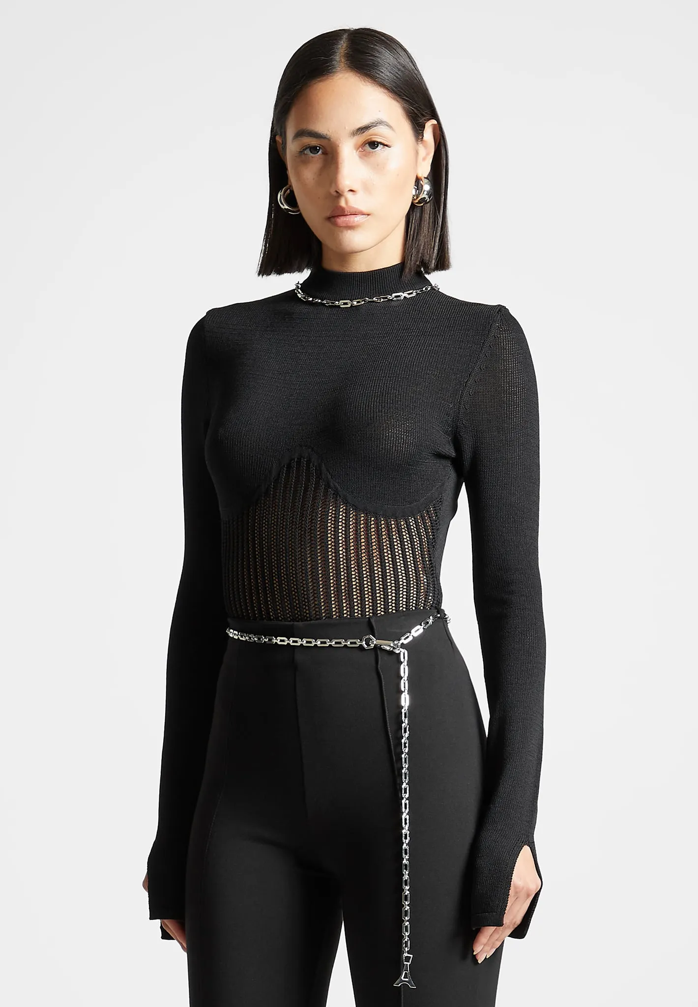 Contour Knit Bodysuit with Chain - Black