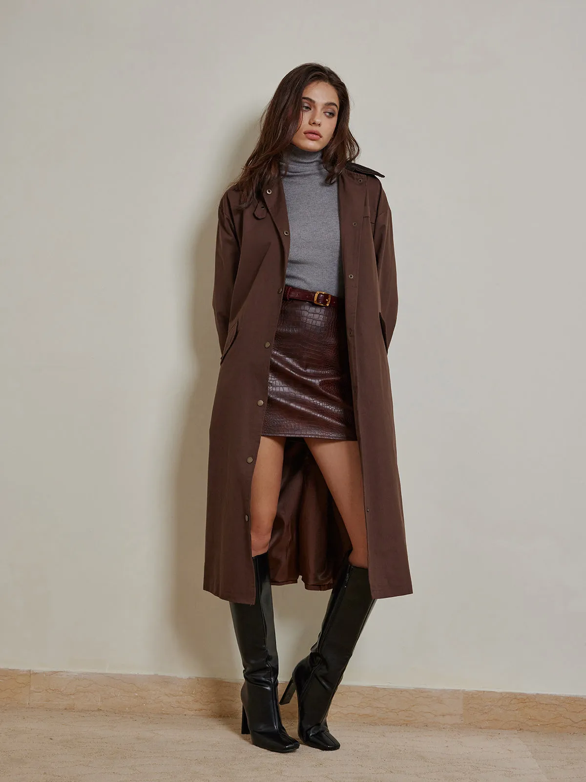 Contrast Collar Pleated Trench Coat