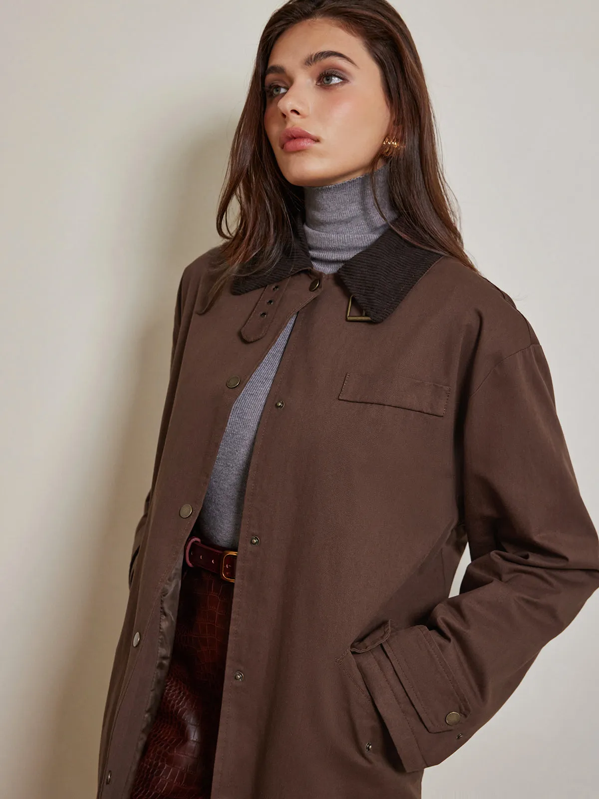 Contrast Collar Pleated Trench Coat