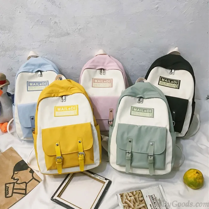 Contrast Color Double Buckle School Backpack Waterproof Nylon Bag - Student Fashion