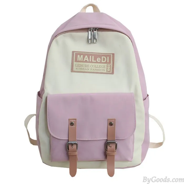 Contrast Color Double Buckle School Backpack Waterproof Nylon Bag - Student Fashion