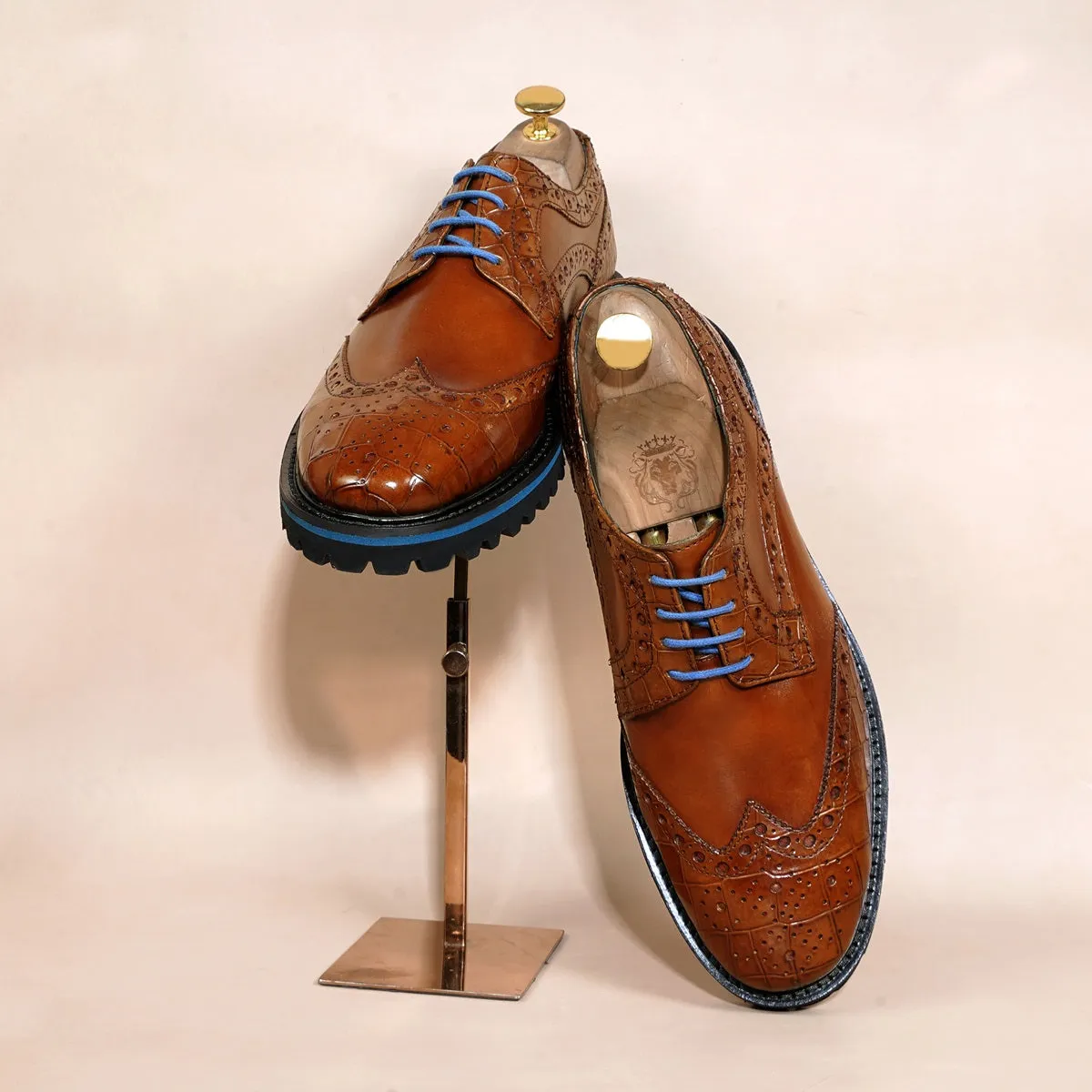 Contrasting Tan Croco Leather Toe Sky Blue Laces Derby Shoes