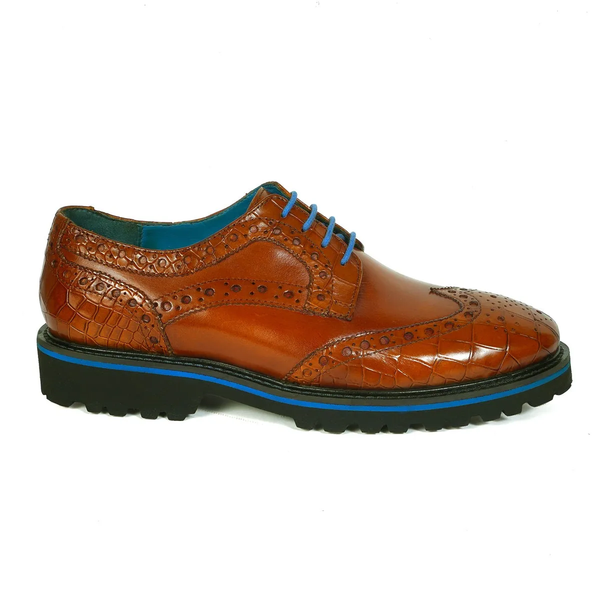 Contrasting Tan Croco Leather Toe Sky Blue Laces Derby Shoes