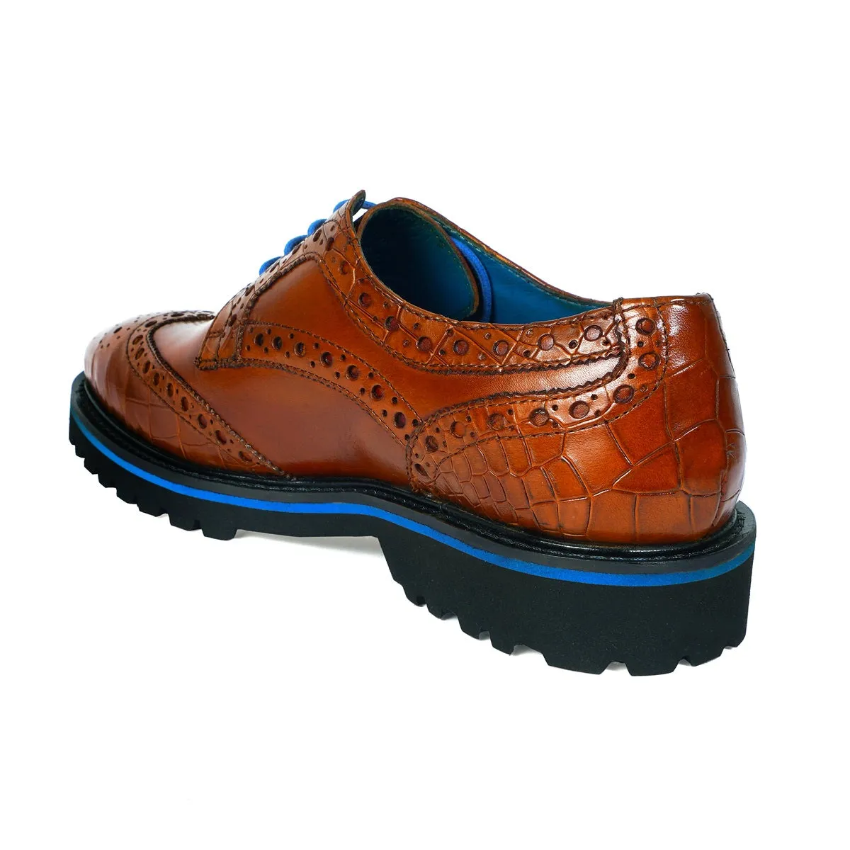 Contrasting Tan Croco Leather Toe Sky Blue Laces Derby Shoes