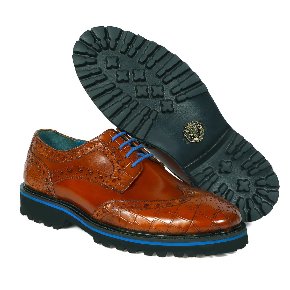 Contrasting Tan Croco Leather Toe Sky Blue Laces Derby Shoes