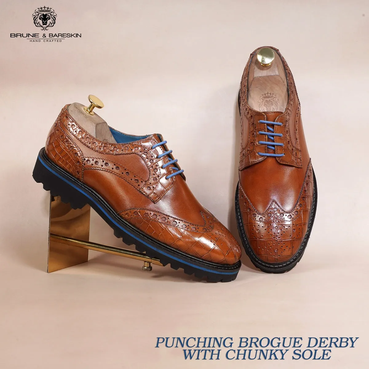 Contrasting Tan Croco Leather Toe Sky Blue Laces Derby Shoes