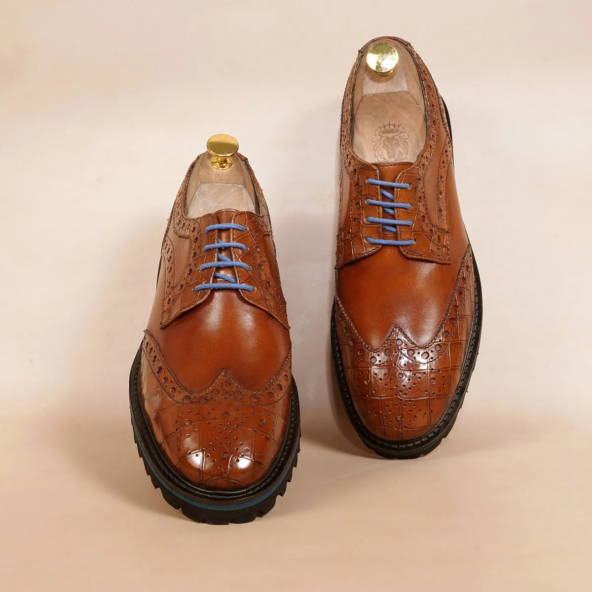 Contrasting Tan Croco Leather Toe Sky Blue Laces Derby Shoes