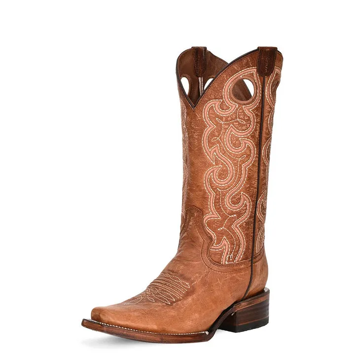 Corral Women's Cognac Cutout Embroidered Square Toe Boots