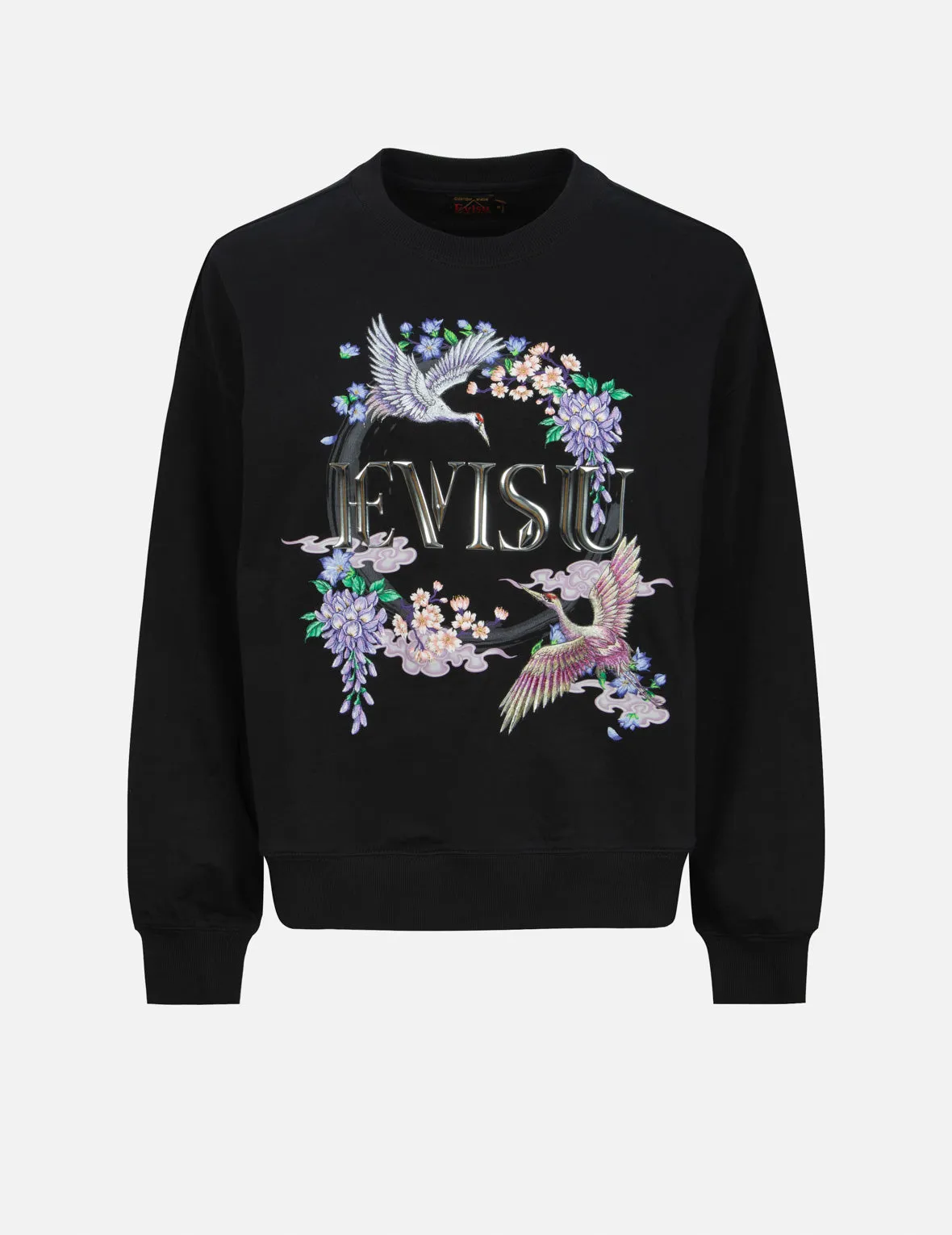 Cranes and Floral Embroidery with Logo Print Oversized Sweatshirt