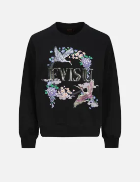 Cranes and Floral Embroidery with Logo Print Oversized Sweatshirt