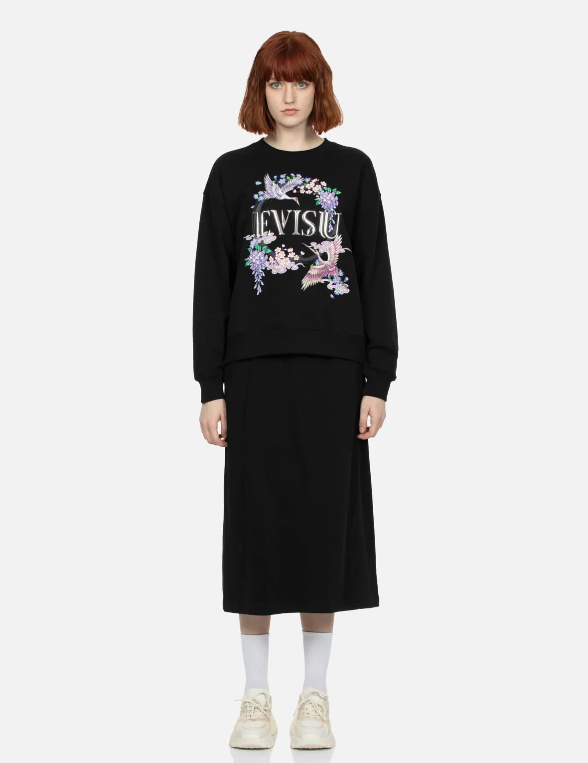 Cranes and Floral Embroidery with Logo Print Oversized Sweatshirt