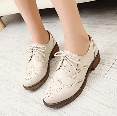 Vintage Cream Beige Leather Women's Oxfords