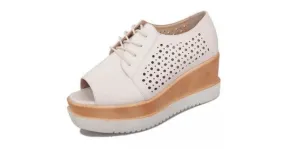 Cream Leather Lace Up Peep Toe Wedges Platforms Oxfords