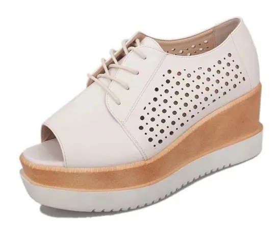 Cream Leather Lace Up Peep Toe Wedges Platforms Oxfords