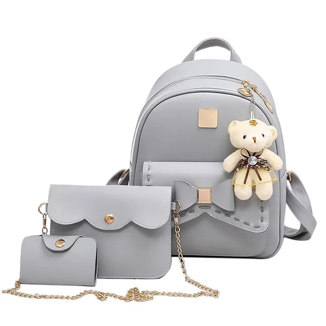 Cute Gray Pink Splicing Bowknot College Bag Bear Pendant PU Bow School Backpacks