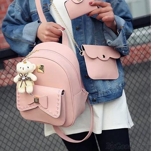 Cute Gray Pink Splicing Bowknot College Bag Bear Pendant PU Bow School Backpacks