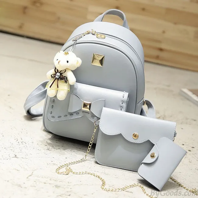 Cute Gray Pink Splicing Bowknot College Bag Bear Pendant PU Bow School Backpacks