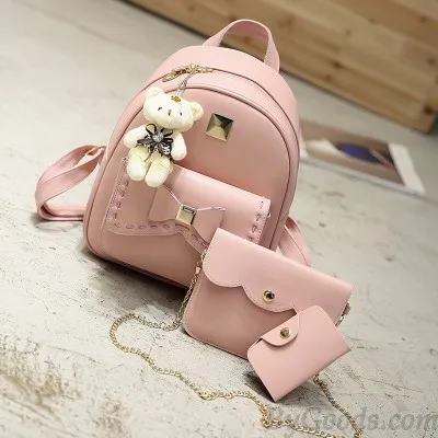 Cute Gray Pink Splicing Bowknot College Bag Bear Pendant PU Bow School Backpacks