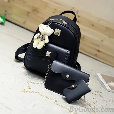 Cute Gray Pink Splicing Bowknot College Bag Bear Pendant PU Bow School Backpacks