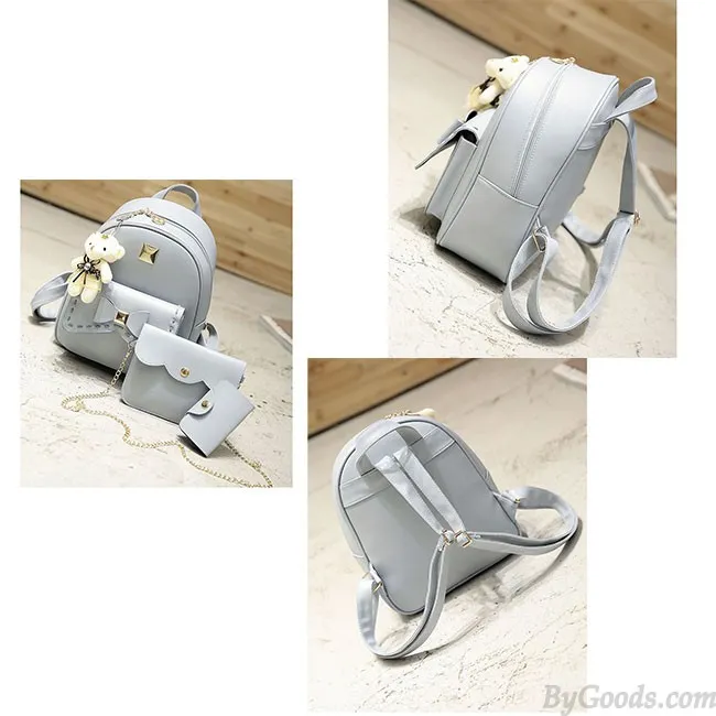 Cute Gray Pink Splicing Bowknot College Bag Bear Pendant PU Bow School Backpacks