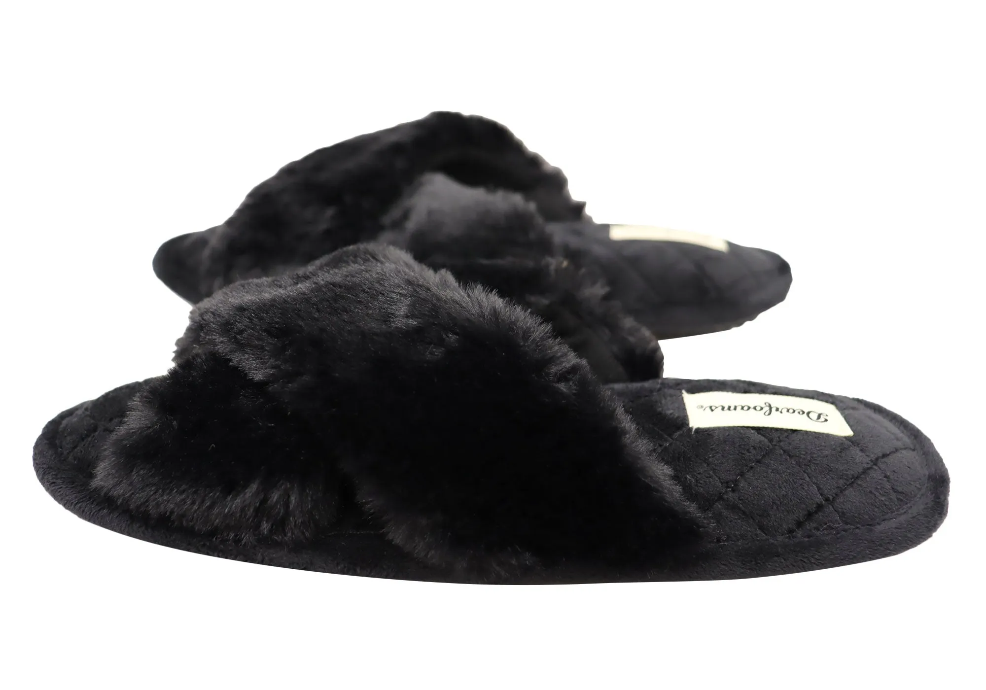 Dearfoams Womens Comfortable Jessica Furry Crossband Slide Slippers