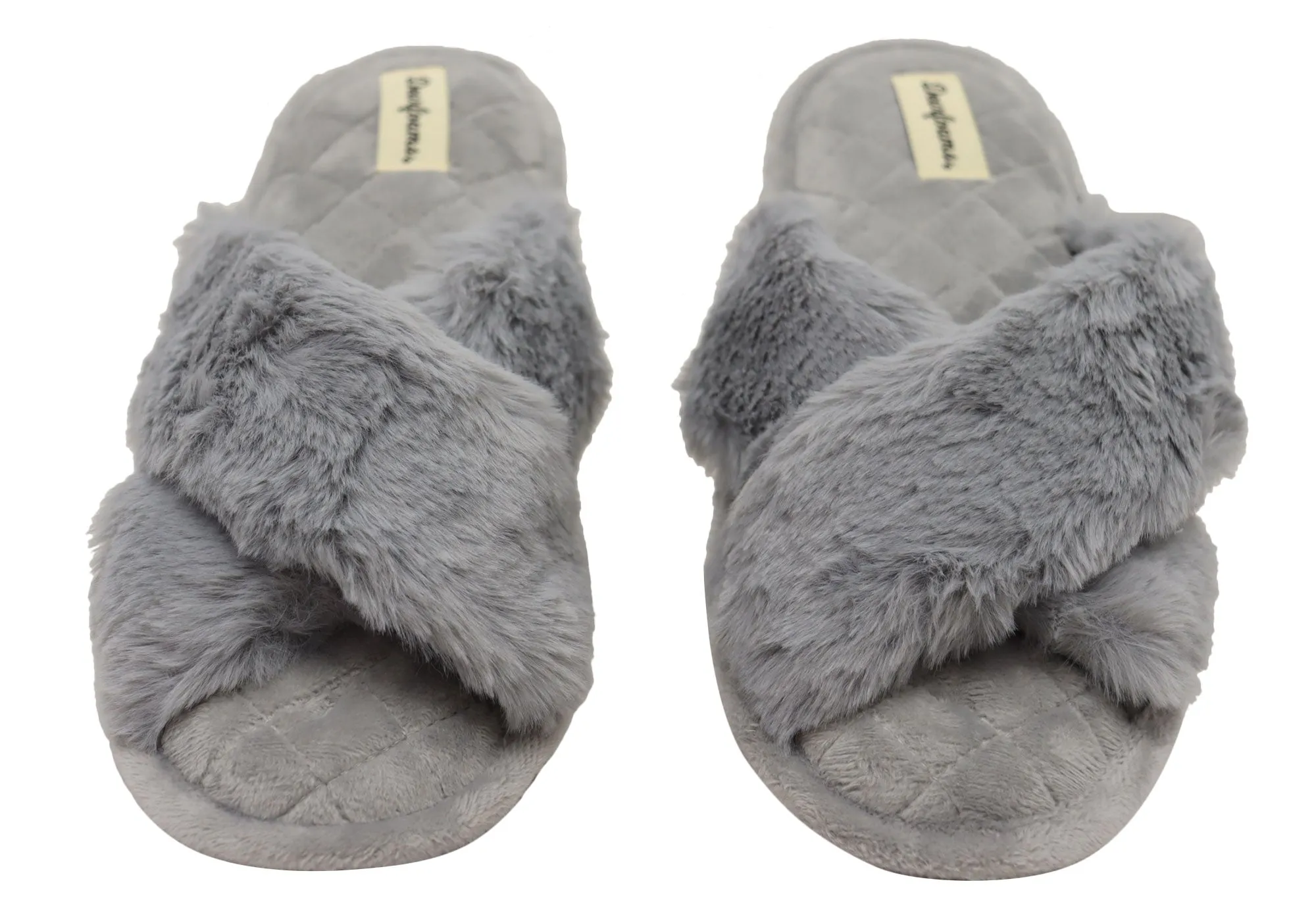 Dearfoams Womens Comfortable Jessica Furry Crossband Slide Slippers