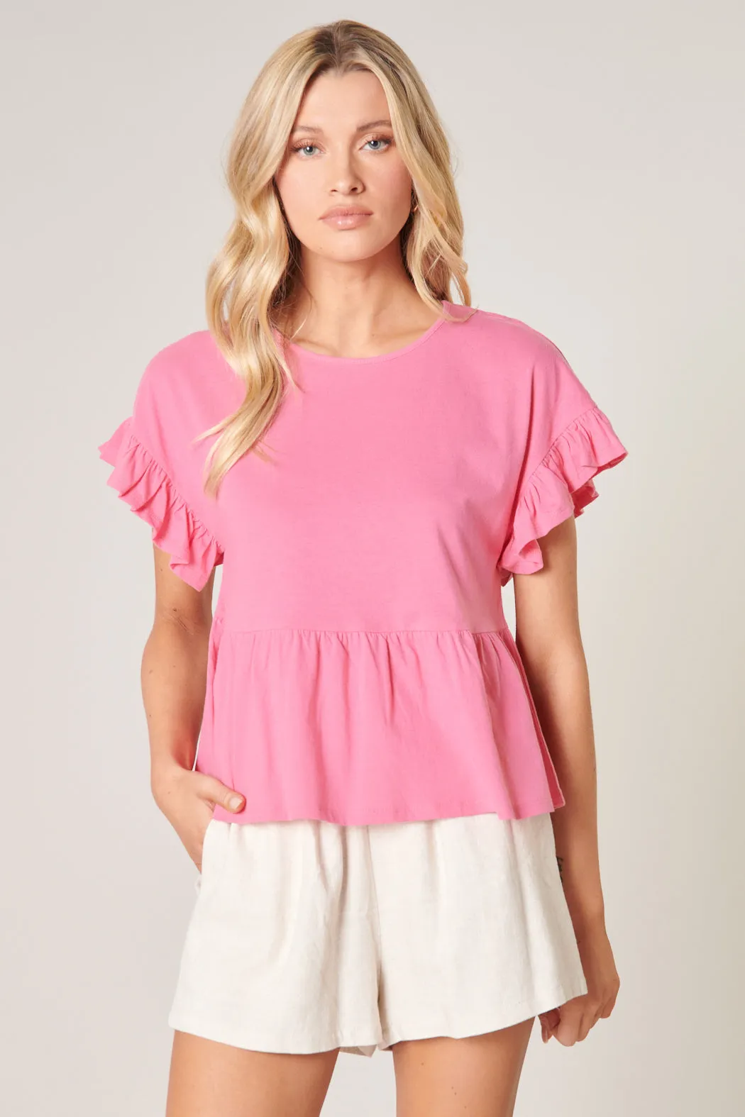 Delilah Ruffle Sleeve Peplum Cotton Knit Top