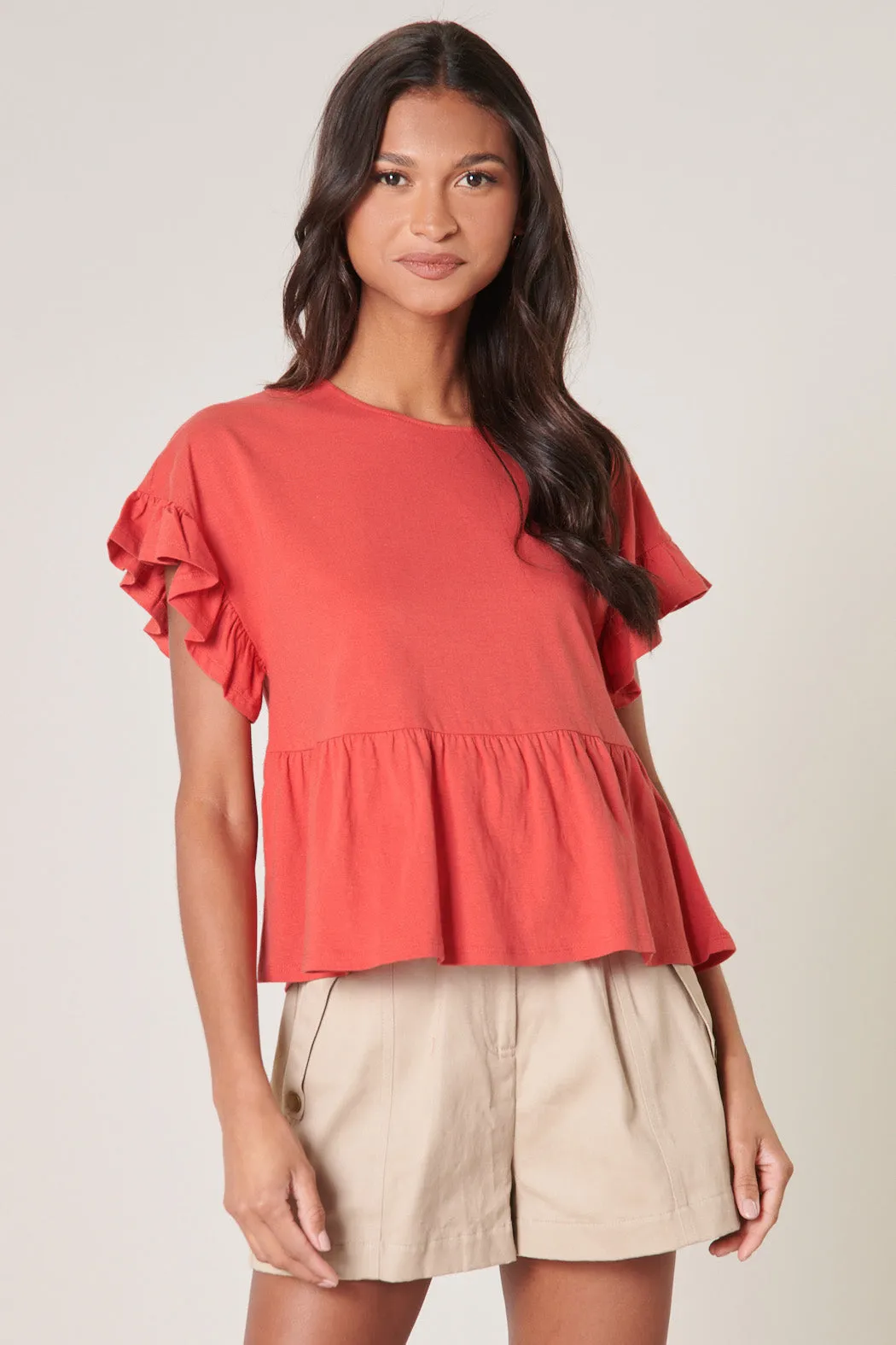 Delilah Ruffle Sleeve Peplum Cotton Knit Top