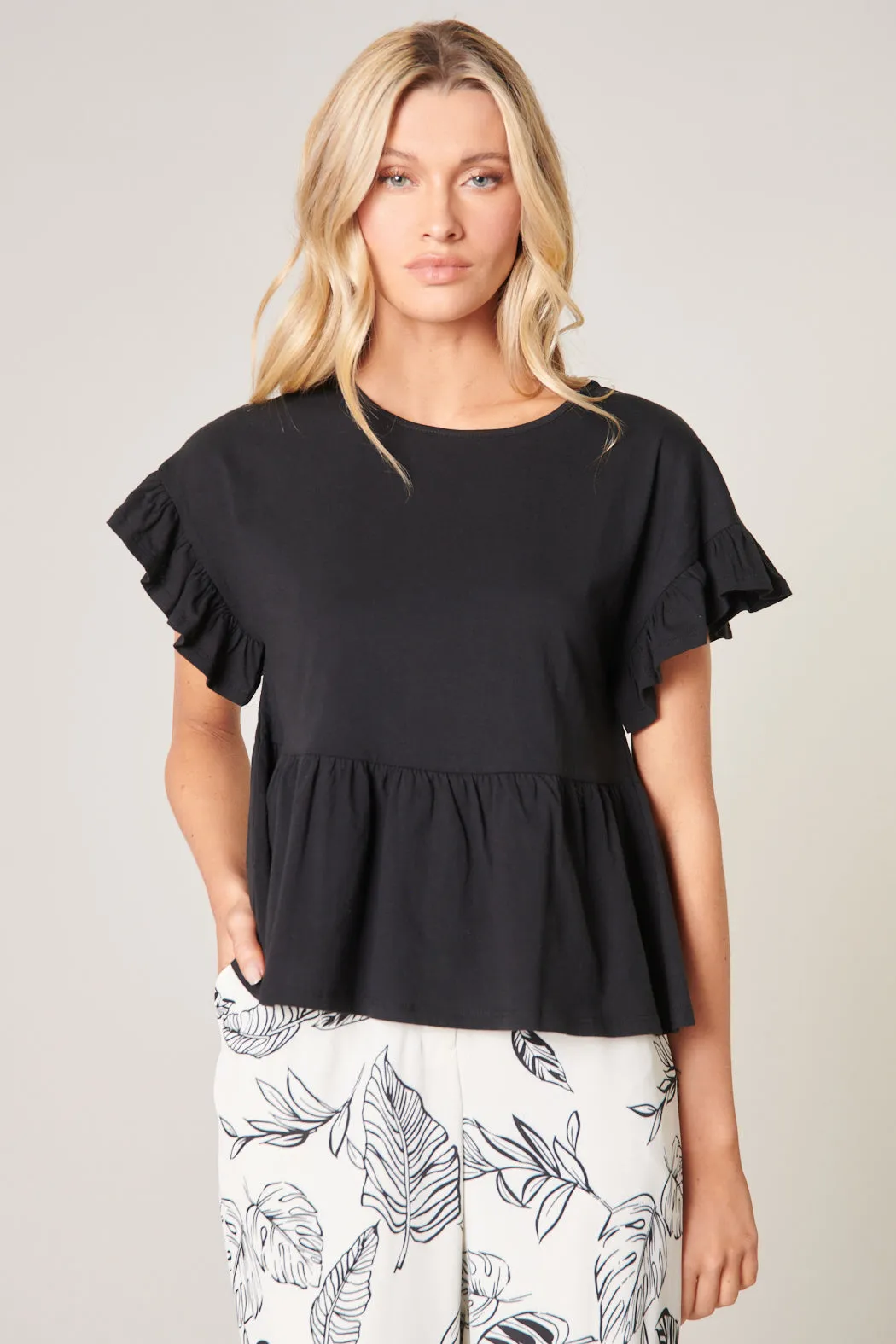 Delilah Ruffle Sleeve Peplum Cotton Knit Top