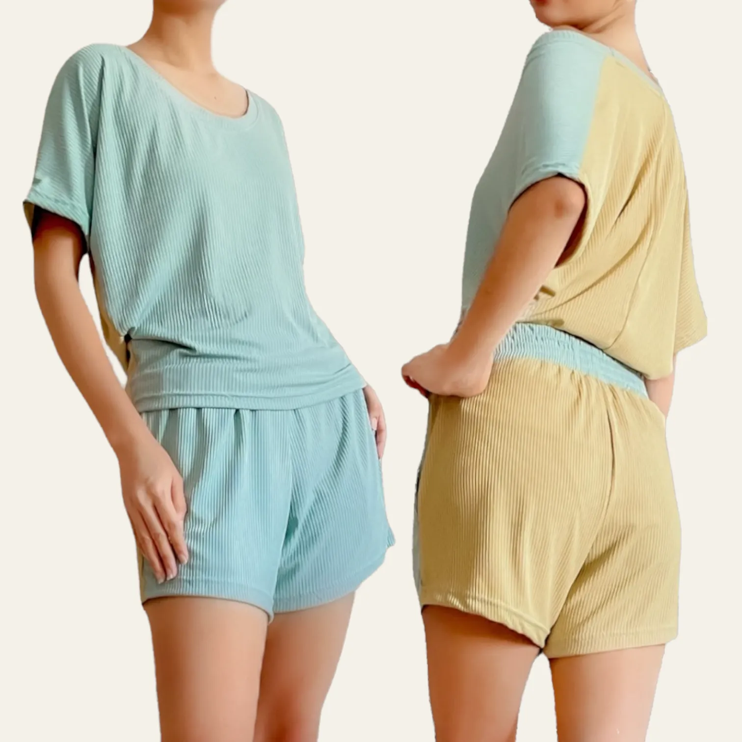 Set Shorts and Top Neck Round Knit Ribbed Dewy