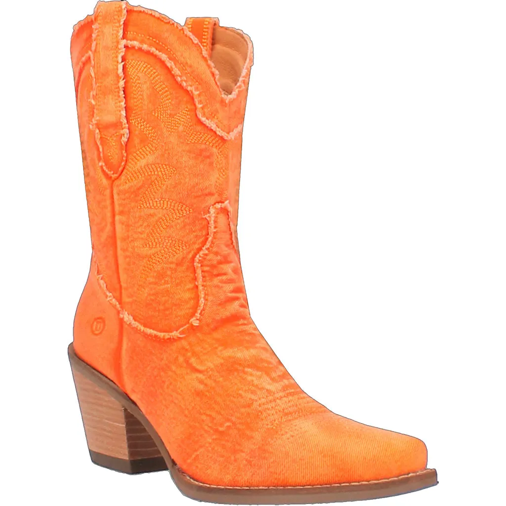 Dingo Women's Dolly Orange Denim Western Boot with Almond Toe - Size 9