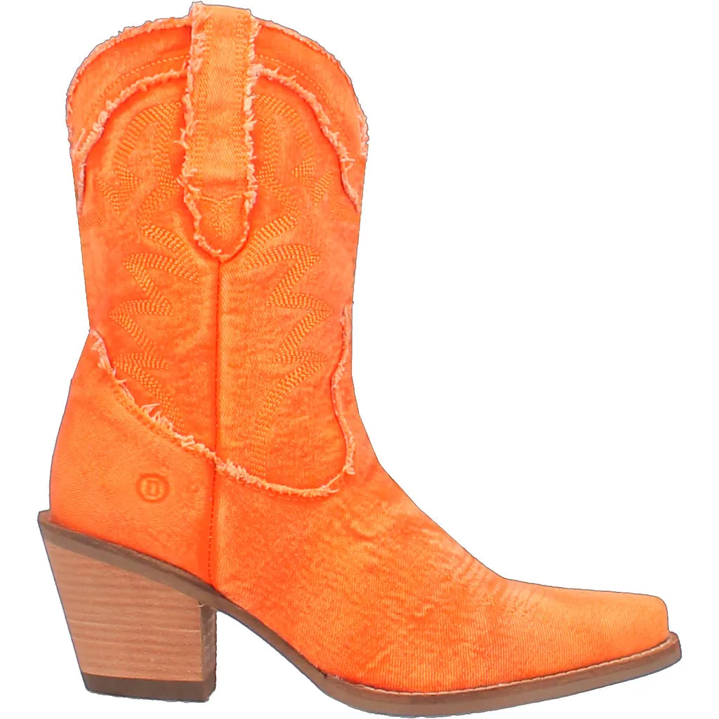 Dingo Women's Dolly Orange Denim Western Boot with Almond Toe - Size 9