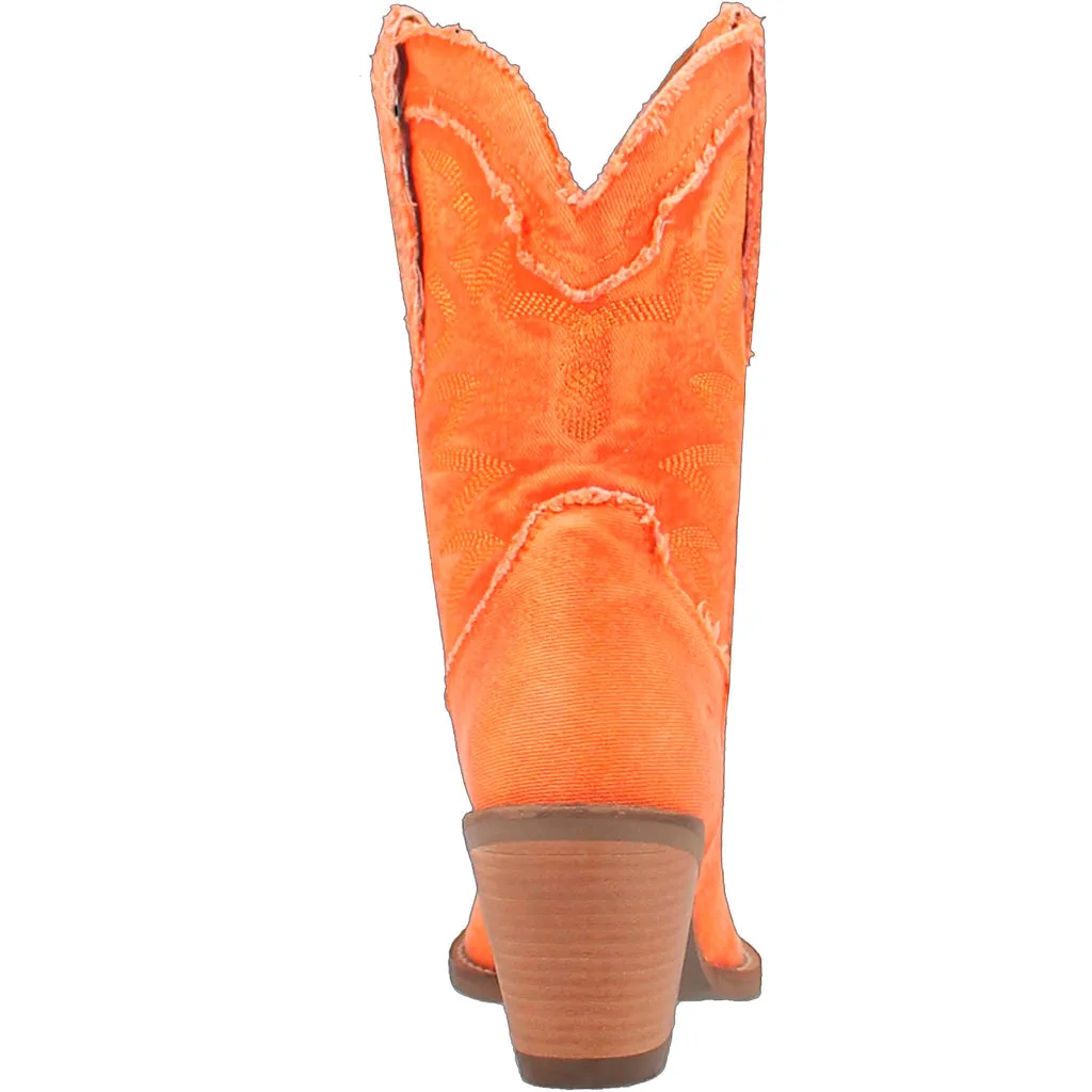 Dingo Women's Dolly Orange Denim Western Boot with Almond Toe - Size 9