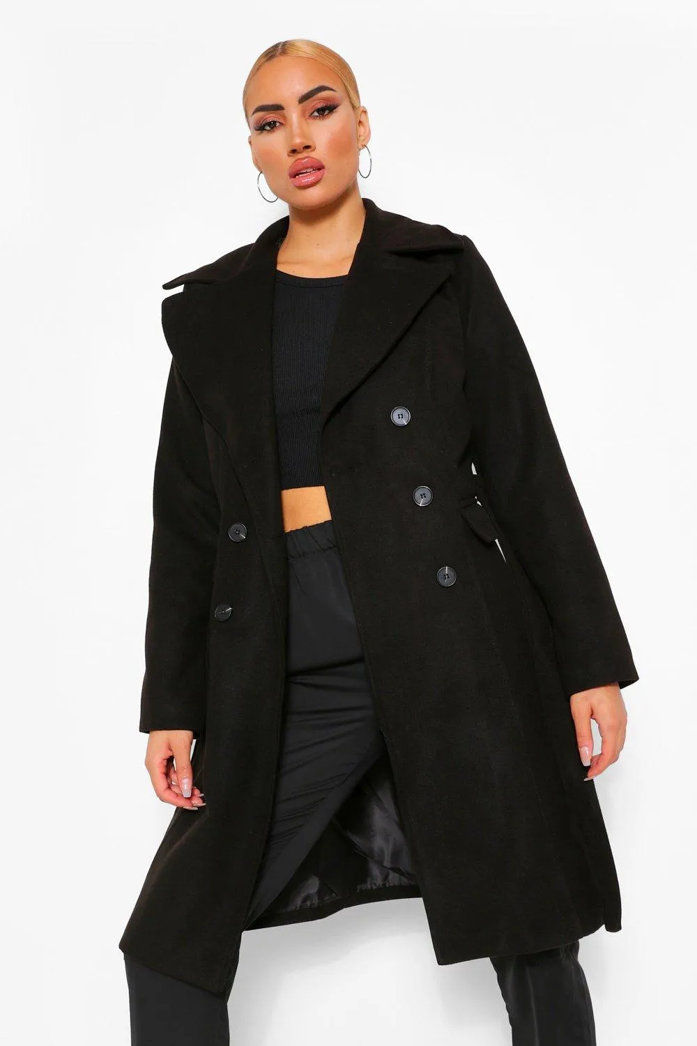 Double Breasted Belted Longline Wool Look Coat