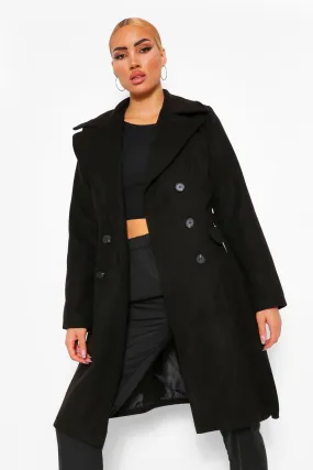 Double Breasted Belted Longline Wool Look Coat