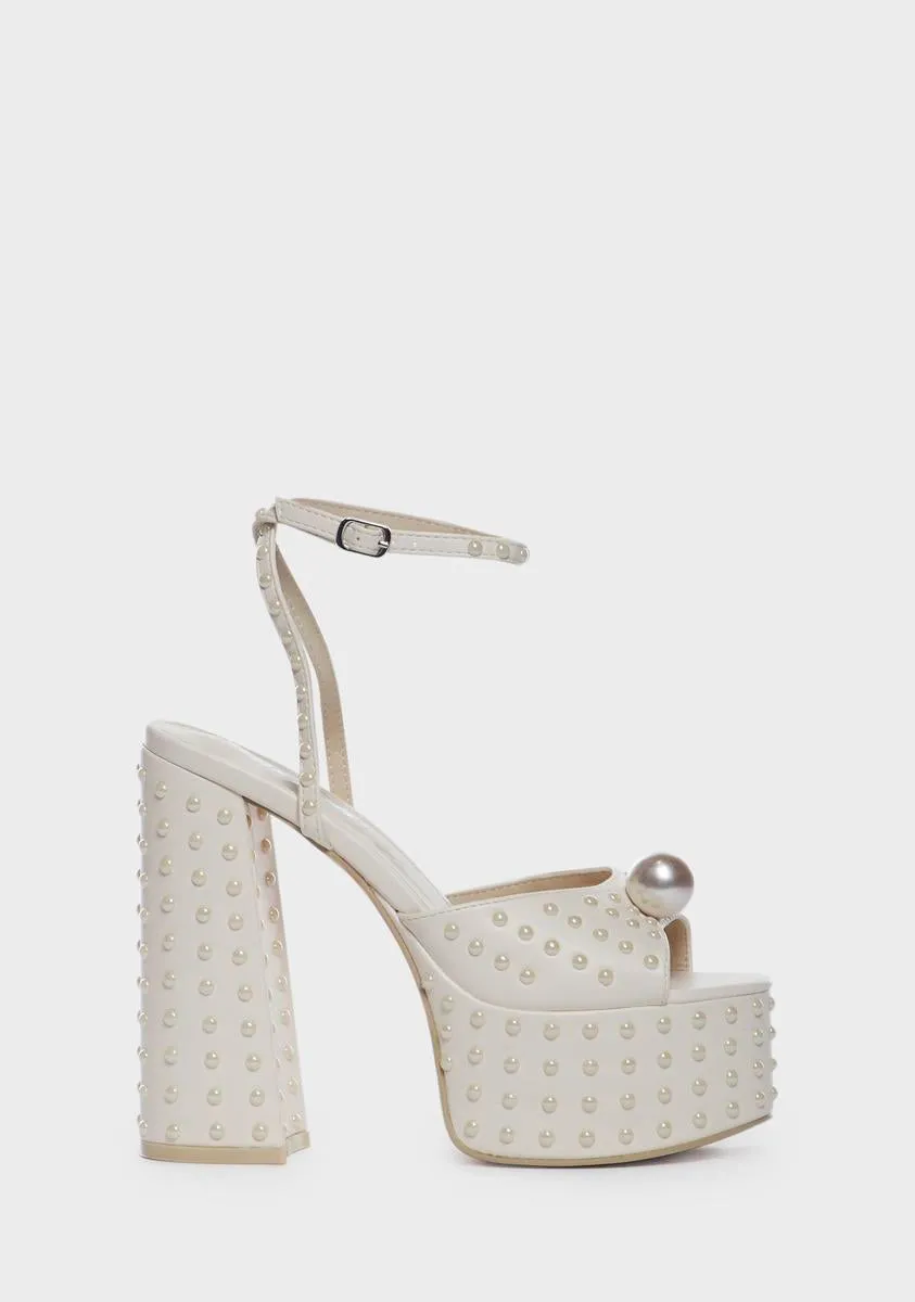 Ecru Mia Satin Pearl Platform Heels-