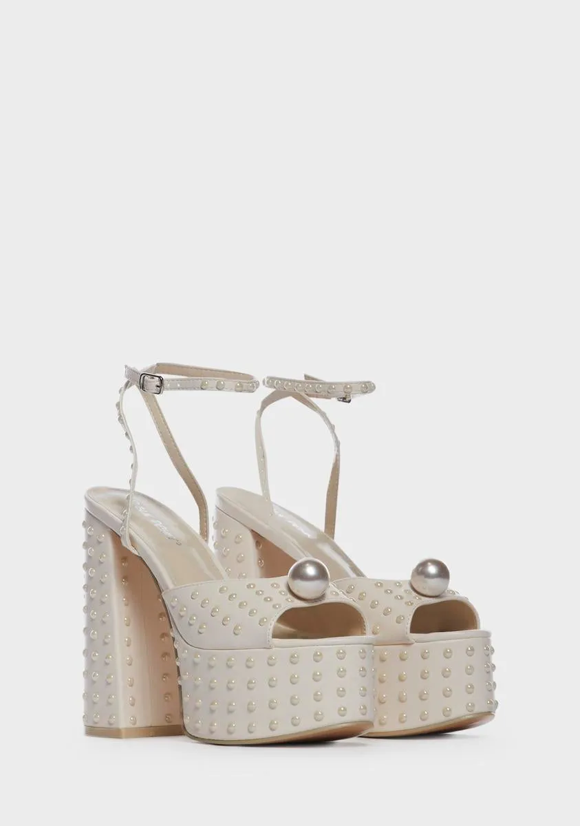 Ecru Mia Satin Pearl Platform Heels-