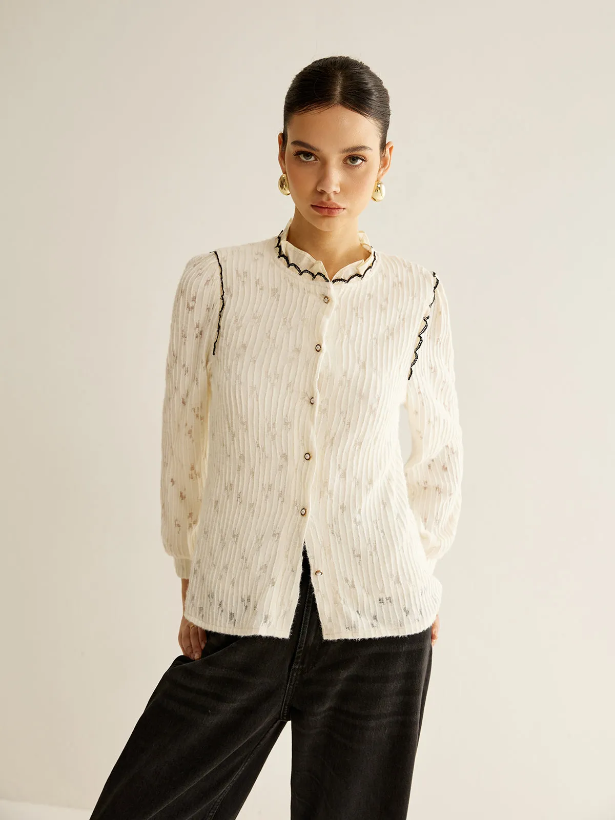 Elegant Lettuce Trim Button Shirt